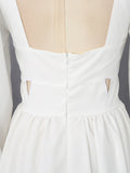 Fashion Style White Cutout Floral Accent Gown for Women Square Collar Puff Sleeve Asymmetric Train Skirt for Beach Elopement