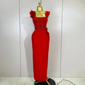 Women Red 3D Floral Beading Pearl Sexy Sleeveless Bodycon Long Bandage Dress Elegant Club Party Birthday Wedding Prom Wear