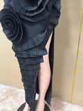Elegant 3D Flower Applique Halter Maxi Dress Sexy Off Shoulder Backless Ruffled Bodycon Bandage Celebrity Evening Party Gowns