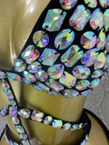 Gold Luxurious Black Bodysuit Women Sexy Halter Neck Iridescent Crystal Embellished Cutout Outfit Stage Performance Costume