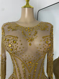 Sparkly Rhinestones Fringes Tight Bodysuit Women Sexy Mesh See Through Performance Stage Outfit Luxury Birthday Party Wear