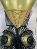 Sexy Strapless Black Mesh See Through Mini Dress Women Eveing Luxury Sparkly Diamonds Birthday Bar Party Nightclub Stage Costume