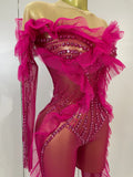 Women Celebrity Evening Party Bar Nightclub Dancer Sexy Stage Costumes Sparkly Rhinestone Long Sleeves Mesh See Through Jumpsuit