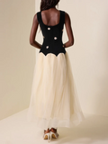 Hit Color Hollow Out Dresses for Women Round Neck Sleeveless High Waist Spliced Mesh Long Dress Female