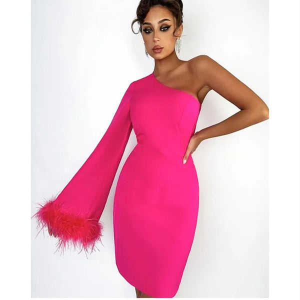 Gorgeous Feather Cuffs Single Rotator Sleeve Rose Red Dress Celebrity Birthday Party Stage Performance Gown Vestidos Para Festas