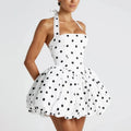 Spliced Lace Up Prom Dresses for Women Halter Sleeveless High Waist Dot Printing Sexy Fashionable Puff Dress Female