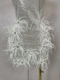 Luxury Sparkling Diamond Feather Sexy V-Neck Sequined Halter Mini Dress 2026 New Women Celebrate Birthday Party Cocktail Dreses