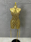 Sexy Crystal Mesh Halter Mini Dress Women Sheer Sequin Embellished Bodycon Outfit Birthday Party Nightclub Performance Costume