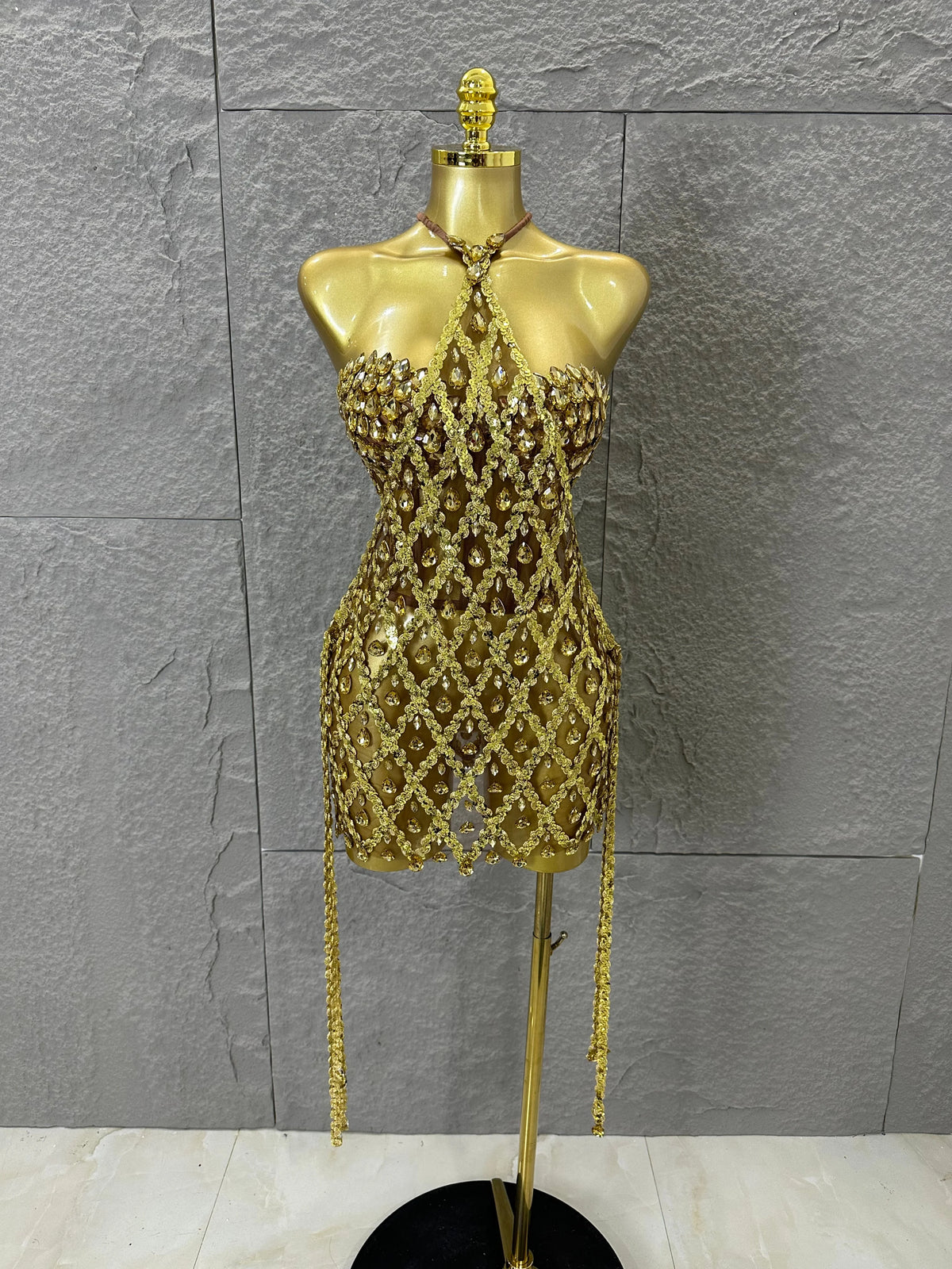 Sexy Crystal Mesh Halter Mini Dress Women Sheer Sequin Embellished Bodycon Outfit Birthday Party Nightclub Performance Costume