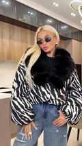Zebra Print  Fur Collar Puffer Jacket Womens Button Down Trendy Warm Coat Fall Winter Party Club Streetwear Cozy Daily Outerwear