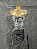 Sophisticated Gold Silver Color Strapless Shinning Crytsal 2 Pieces Bodycon Mini Dress Celebrate Nightclub Party Birthday Wear