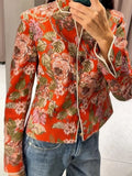 Women Floral Jacquard Contrasting Trim Blazer Lapel Collar Waist-cinching Single-breasted Jacket Autumn Lady Chic Coats 2026 New