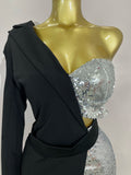 Women Shiny Sequins Black Splicing Long Sleeved Shorts Jumpsuit Celebirty Evening Birthday Party Bar Fashion Club Casual Dress