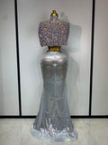 Sparkly Diamond Shawl Top And Long Dress Two Pieces Set Women Evening Birthday Party Photo Shoot Sexy Sparkly Stage Costumes