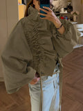 Vintage Drawstring Women Shirts Lapel Collar Long Sleeve Loose Shirt for Street Gathering Wear Fashion Autumn New