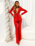Red Sexy V-neck Long Sleeve Jacket+High Waist Flare Pants Blazer Set Women'S 2026 New Hollow Out Designer Two-Piece Set
