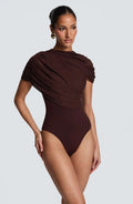 Ladies Bodycon Mesh Ruched Romper Asymmetric Draped Shoulder Mock Neck Short Jumpsuit Slim Fit Wrap Hem Cocktail And Clubwear