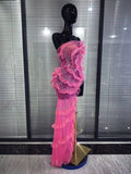 Women Sexy Strapless Shining Rhinestones Mesh Ruffles Bodycon Long Maxi Dress Celebrate Nightclub Party Birthday Cocktail Outfit