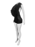 Halter Fur Playsuit Women Sexy Backless Deep V-Neck Summer Hipster Tight Stretch Activity Street Luxury Shorts Romper