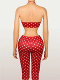 Wild Vacation 2 Piece Set Women Polka Dot Print Halter Tank Tops+Bike Shorts Stretch Matching Street Party Outfits