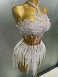 Sexy Pearl Sequins Tassel Sleeveless Glitter Mini Dress Women Singer Bar Nightclub Stage Performance Clothing Show Outfit