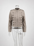 Women Double-Breasted Stand Collar Cropped Jacket Long-Sleeved Solid Zipper Metal Button Fashion Street Coat Autumn Winter