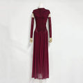 Solid Slim Fit Maxi Dress Elegant O-neck Detachable Long Sleeves Party Dress New Temperament Pleated Women Maxi Dresses