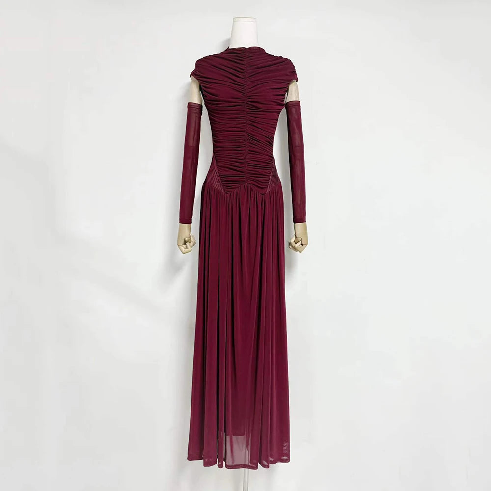 Solid Slim Fit Maxi Dress Elegant O-neck Detachable Long Sleeves Party Dress New Temperament Pleated Women Maxi Dresses