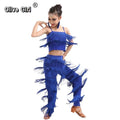 Olivegirl Kids Latin Dance Pantsuit Costumes Ballroom Fringe Tassel Dress Pants Girls Salsa Samba Children Stage Outfits Costume