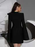 Black Women's Diamond Cloak Sleeve Design Bandage Mini Dress Long Sleeve Elegant Fashion Birthday Party Wedding Guest