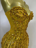 Sexy Strapless Mesh See Through Long Dress Luxury Sparkly Golden Diamonds Evening Party Birthday Nightclub PhotoShoot Stage Wear