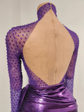 Women Purple Rhinestone Mesh Short skirt  High Neck Long Sleeve With Metallic Ruched Mini Skirt dinner party Cocktail Costume
