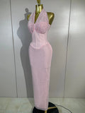 Elegant Evening Party Prom Gown Birthday Dress Women Shining Rhinestones Sexy White/Pink Mesh Halter Bodycon Long Bandage Dress