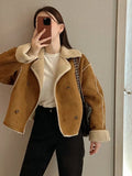 Retro Suede Coat Women's Hong Kong Style Double Breasted Suit Collar Winter New Arrival Chic Lightweight Luxury Coat