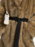 Street Crew Neck Faux Fur Midi Coat Long Sleeve Loose Winter Jacket with Adjustable Fabric Waist Belt Side Pockets for Daily