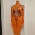 Women Latin Dance Outfits Bar Nightclub Party Club Stage Wear Sparkly Diamond Orange Tassel Long Sleeves Mesh Transparent Dress