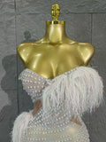 Sexy Sheer Mesh Pearl Beaded Feather Trim Strapless Mermaid Evening Dress for Birthday Party