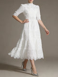 Wedding Guest Green Lace High Neck Midi Dress for Half Sleeve Women Cutout Texture Tiered Hem Flowy Skirt for Afternoon Tea