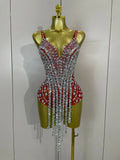 Sexy Sparkly Rhinestones Long Tassels Red Mesh Stretch Bodysuits Women Eveing Party Birthday Nightclub Performance Stage Costume