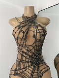 High Street Mesh Spider Web Tight Jumpsuit Performance Dance Costume Luxury Rhinestones Nightclub Bar Stage Leotard