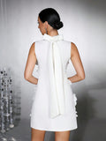 Spliced Appliques Elegant Dresses For Women Stand Collar Sleeveless High Waist Patchwork Zipper Mini Dress Female