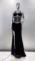 Women's Fashion Gloves Shiny Rhinestone Neck Waist Black Velvet Dress Celebrity Dinner Red Carpet Party Evening Performance Gown