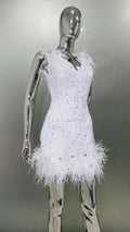 2026 Women's Luxury Rhinestone Feather Sequin Embroidered White Mesh Dress Glam Fashion Celebrity Party Evening Performance Gown