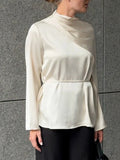 Elegant folds Women Shirts stand collar long Sleeve loose shirt for Office Business Banquet Wear Fashion autumn new