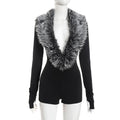 Luxury Fur Deep V Collar Romper Women Full Sleeve Sexy Skinny Fitness Activity Streetwear Hipster Workout Playsuit