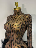 Women Luxury Birthday Dress Rhinestones Mesh Feathers Bodycon Mini Celebrity Evening Club Party Dress Nightclub Stage Outfit
