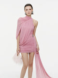 Pink Turtleneck Sleeveless Sexy Mini Dress For Women Fashion Irregular Folds Short Dress Femme Elegant Club Party Dress