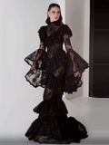2026 New Elegant Design Sense Flare Sleeve Stand Collar Ruffle Lace Slim Long Dress Women's Wedding Banquet Festival Gown