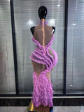 Purple Color Women Sleeveless Sexy Ruffles Mesh See Through Bodycon Long Dress Red Carpet Celebrate Show Girls' Performance Wear