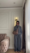 Women 2026 Spring Chinese Style Two Piece Outfit Mandarin Collar Frog Button Oversized Top High Waist Wide Leg Pants Set
